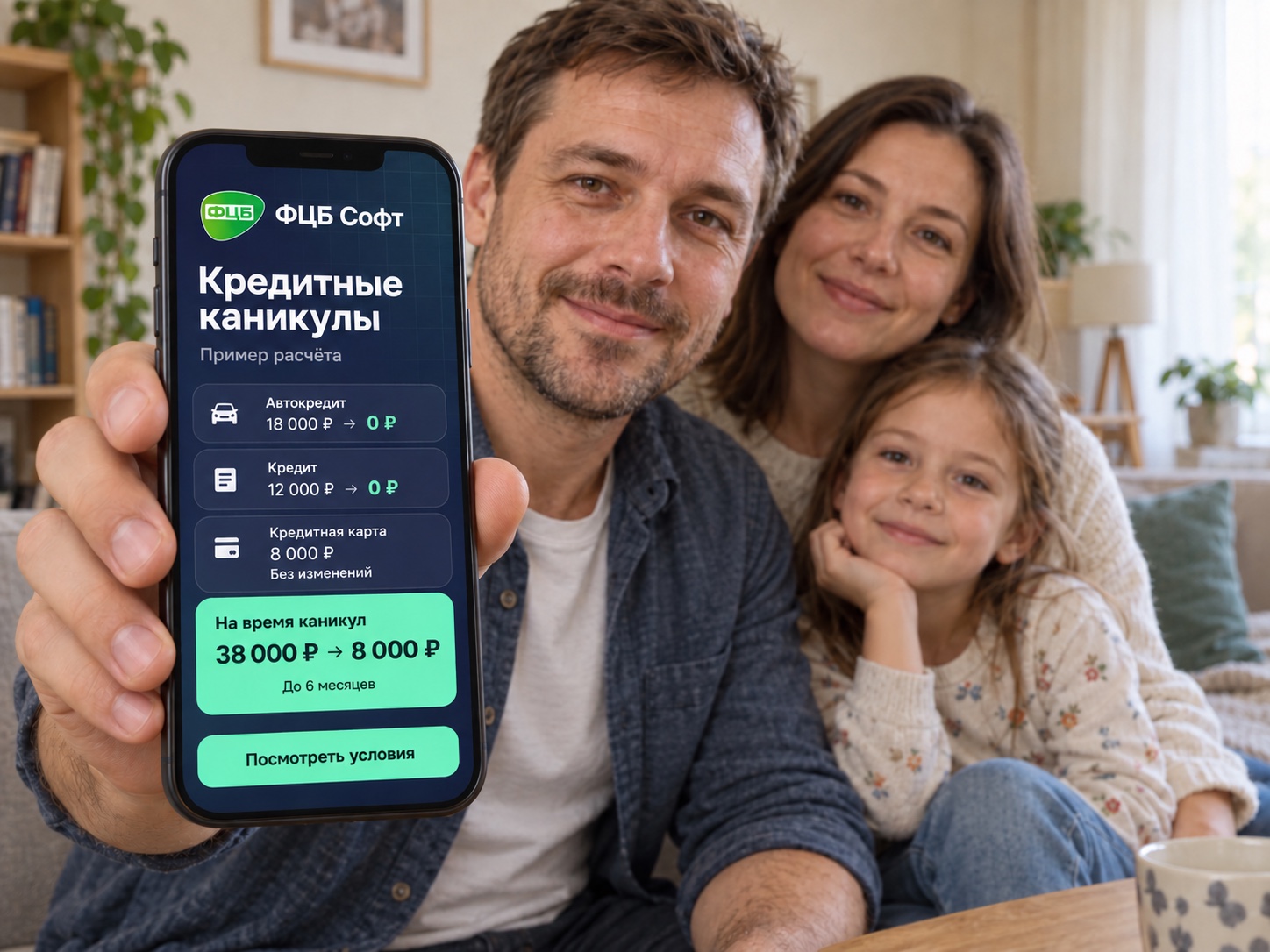 Семья с приложением ФЦБ Софт. Пример: платежи по автокредиту 18 000 ₽ и кредиту 12 000 ₽ отложены, по карте остаётся 8 000 ₽ в месяц.